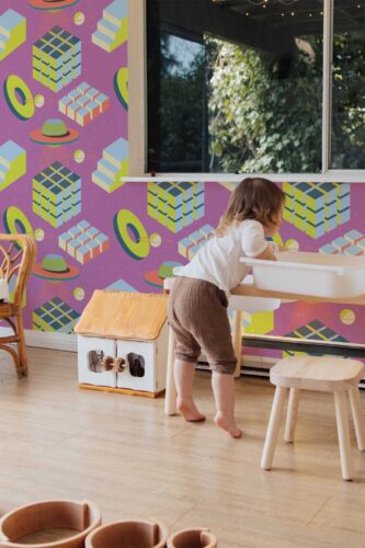 Retro Orbit peel and stick or non-pasted wallpaper. Fancy Walls removable self-adhesive or traditional retro isometric pink eco-friendly and PVC-free wallpapers for walls