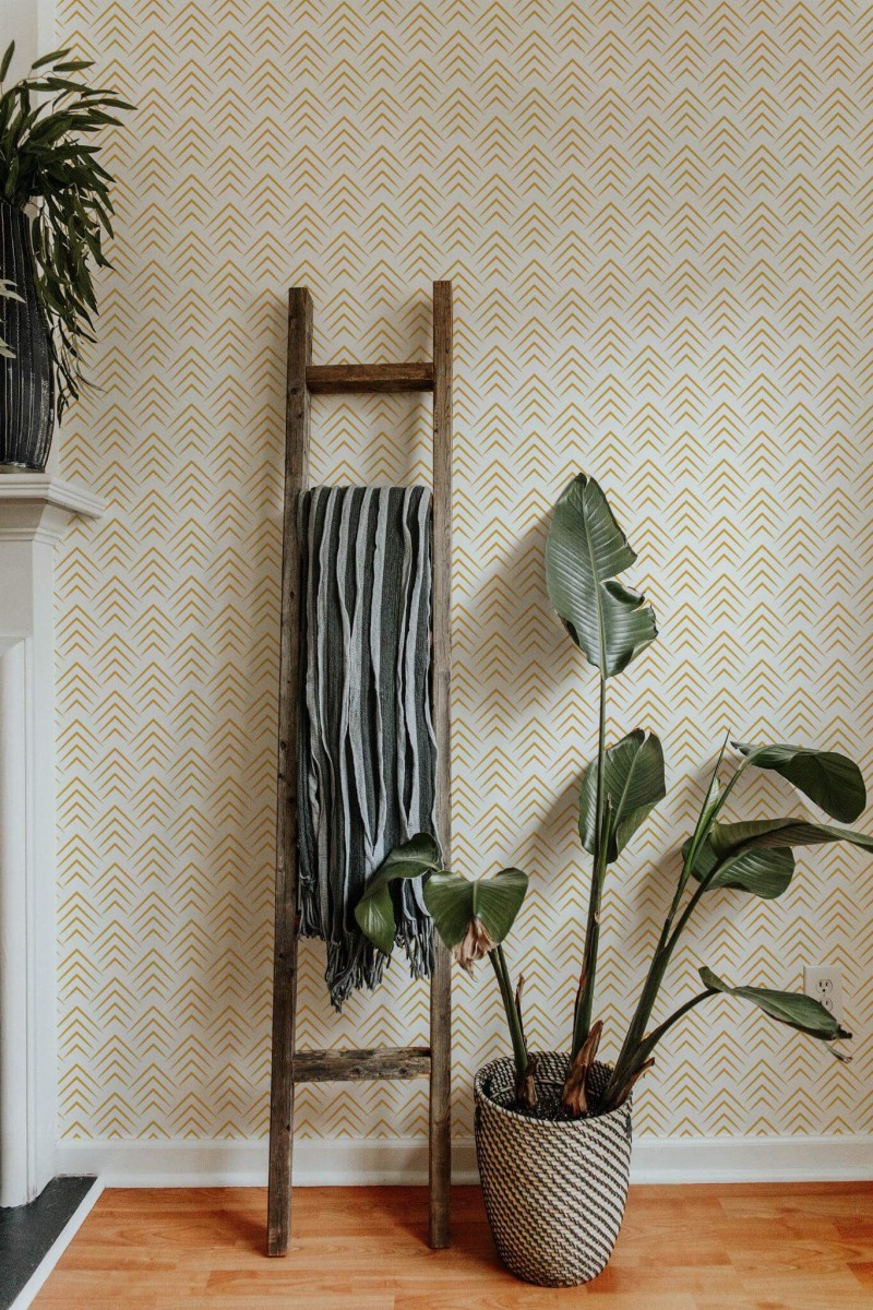 Scandinavian style living room decorated with Chevron arrows peel and stick wallpaper