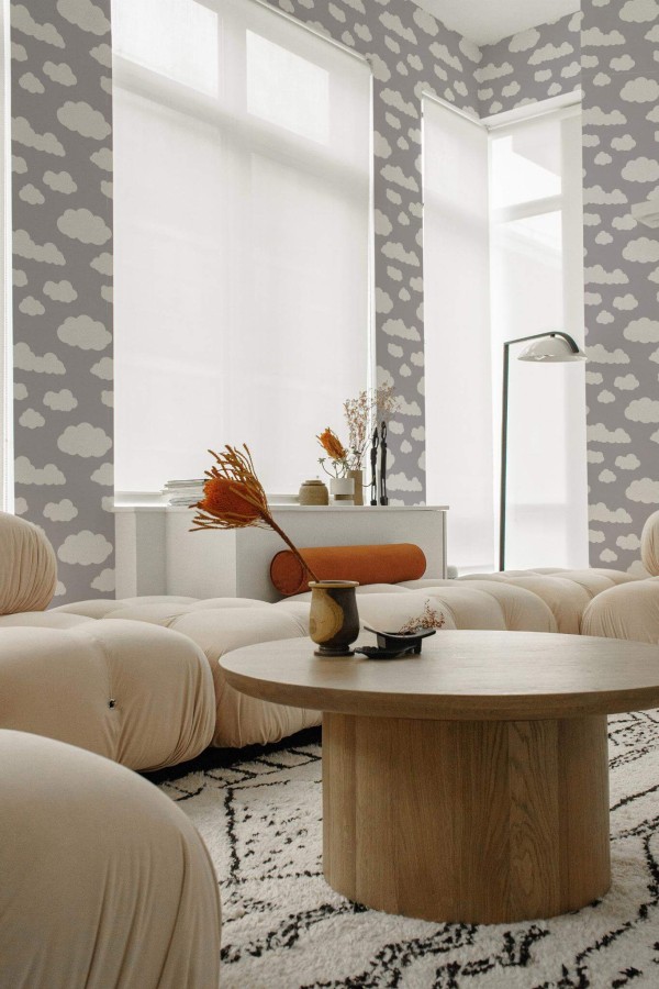 Contemporary style living room decorated with Clouds peel and stick wallpaper