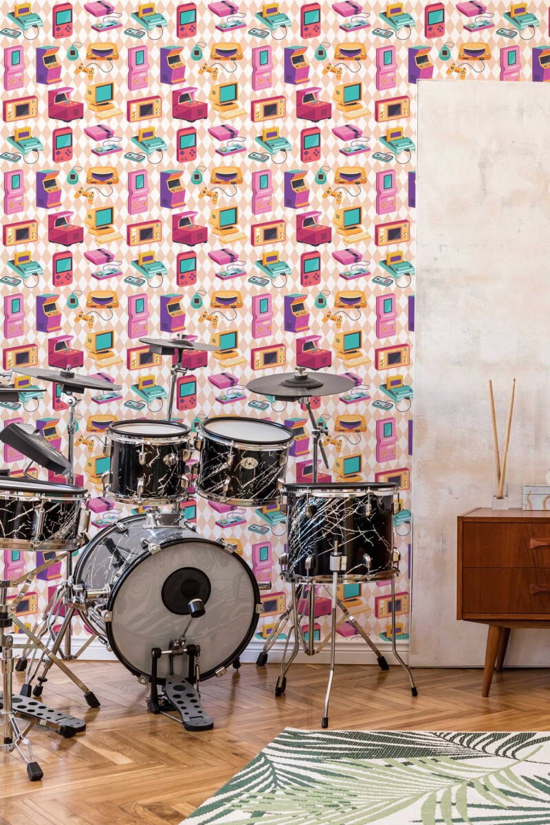 Fancy Walls peel and stick wallpaper with colorful arcade game design