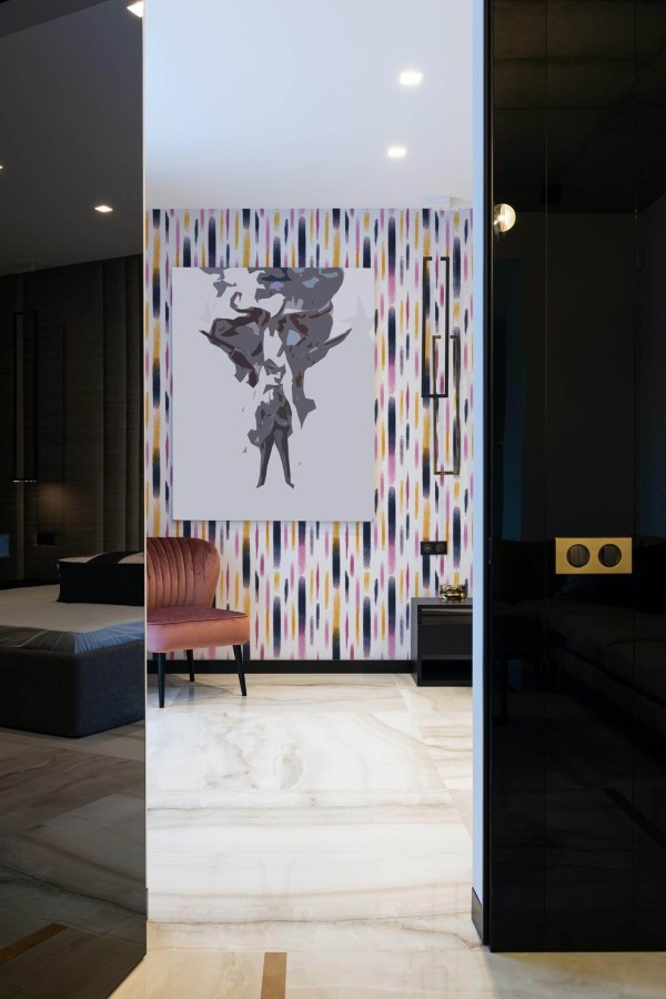 Art deco style bedroom decorated with Colorful Brush stroke peel and stick wallpaper