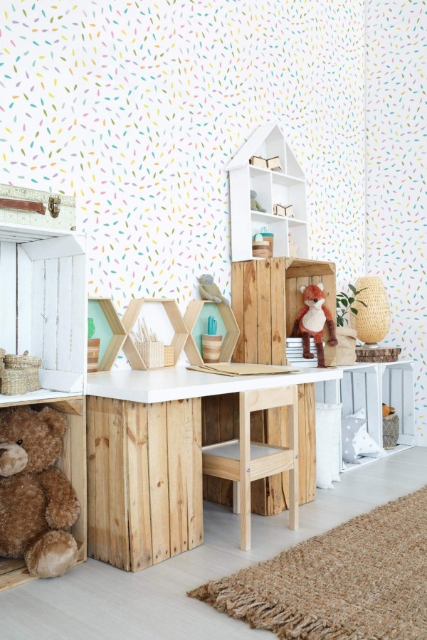 Farmhouse style kids room decorated with Colorful confetti peel and stick wallpaper