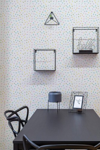 Industrial modern style dining room decorated with Colorful confetti peel and stick wallpaper