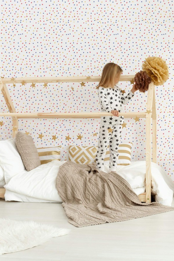 Bohemian style kids room decorated with Colorful dots peel and stick wallpaper