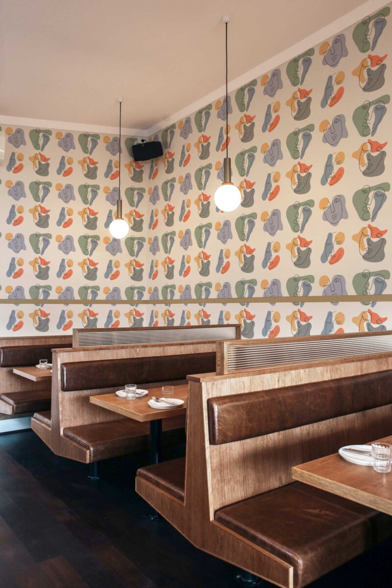 Minimalist line art removable wallpaper by Fancy Walls. Abstract Faces peel and stick or non-pasted abstract wallpaper for coffee shop