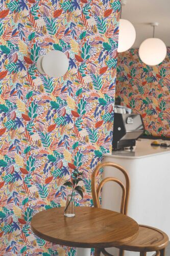 Fancy Walls bright leaf self-adhesive wallpaper in multicolor. Floral Bloom peel and stick or non-pasted colorful wallpaper for walls