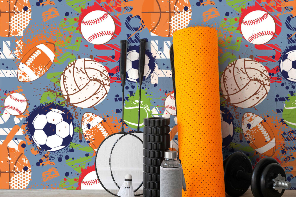 colorful and energetic sport themed peel and stick or non-pasted wall murals. Fancy Walls sport mural collection - football, tennis, golf, bowling and many others for gyms, sport clubs and home activity areas: self-adhesive or traditional PVC-free and eco-friendly wallpaper mural collection
