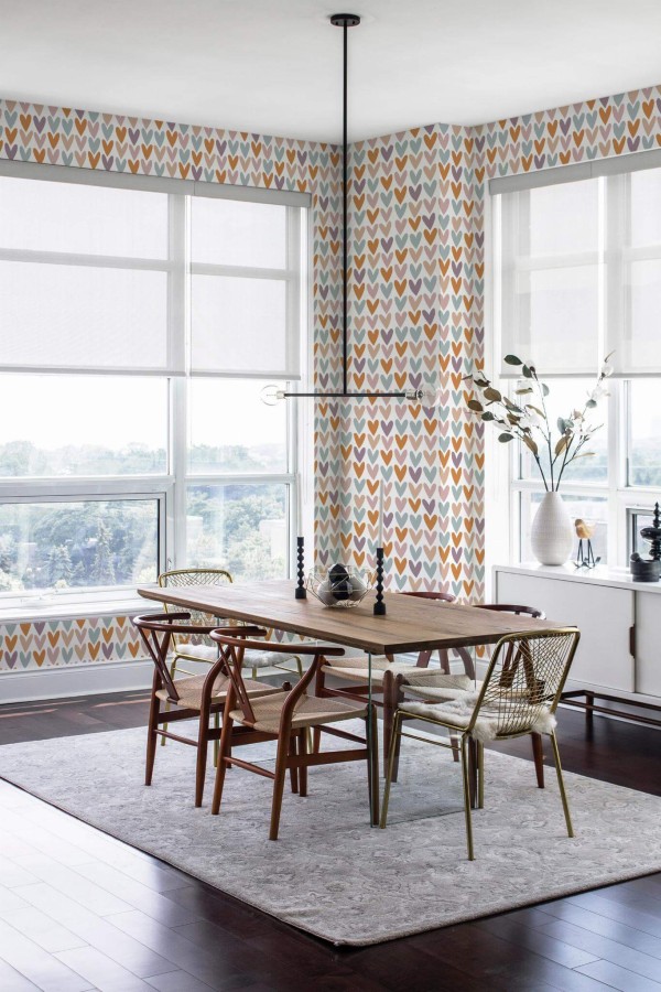 Modern minimalist style dining room decorated with Colorful heart peel and stick wallpaper