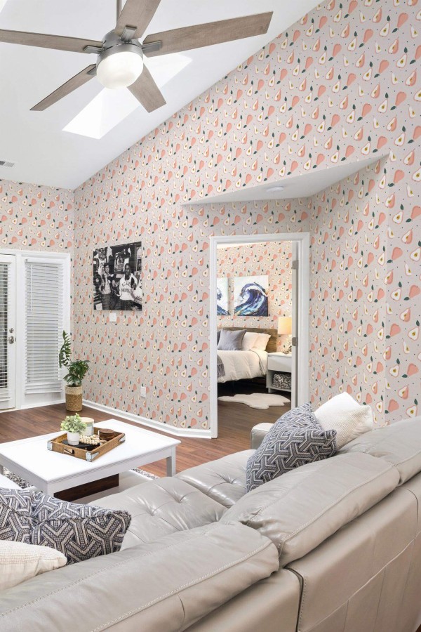 Coastal scandinavian style living room and bedroom decorated with Colorful pear peel and stick wallpaper