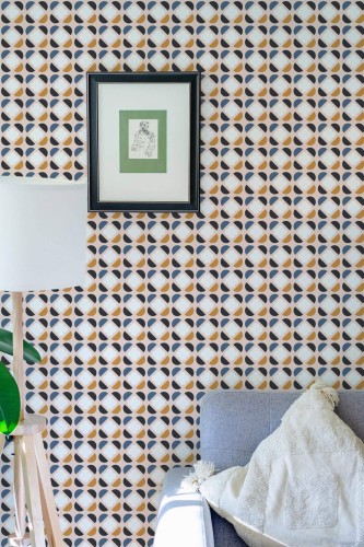 Eastern European style living room decorated with Colorful retro geometric peel and stick wallpaper