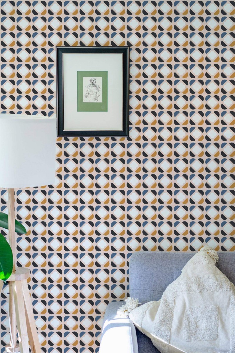 Eastern European style living room decorated with Colorful retro geometric peel and stick wallpaper