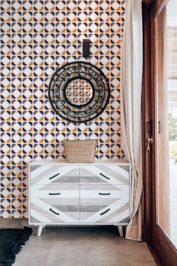 Modern farmhouse style living room decorated with Colorful retro geometric peel and stick wallpaper