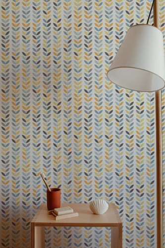 Minimal style bathroom decorated with Colorful scandi leaf peel and stick wallpaper