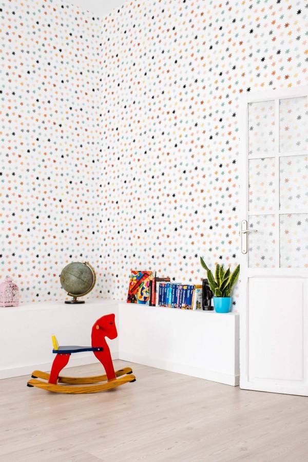 Scandinavian style kids room decorated with Colorful stars peel and stick wallpaper