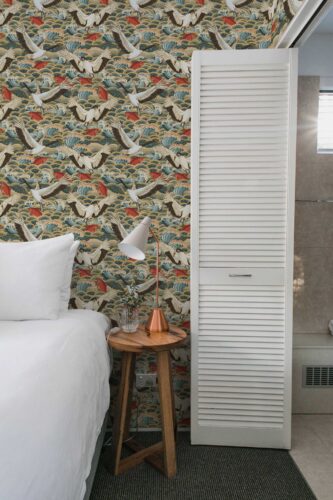 Stork Dreams peel and stick or non-pasted wallpaper. Fancy Walls removable self-adhesive or traditional elegant bird wallpaper for walls