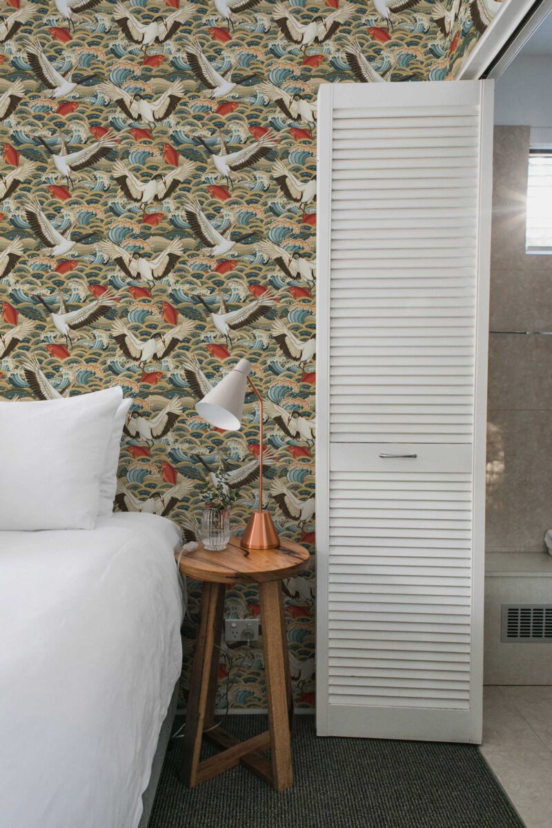 Stork Dreams peel and stick or non-pasted wallpaper. Fancy Walls removable self-adhesive or traditional elegant bird wallpaper for walls