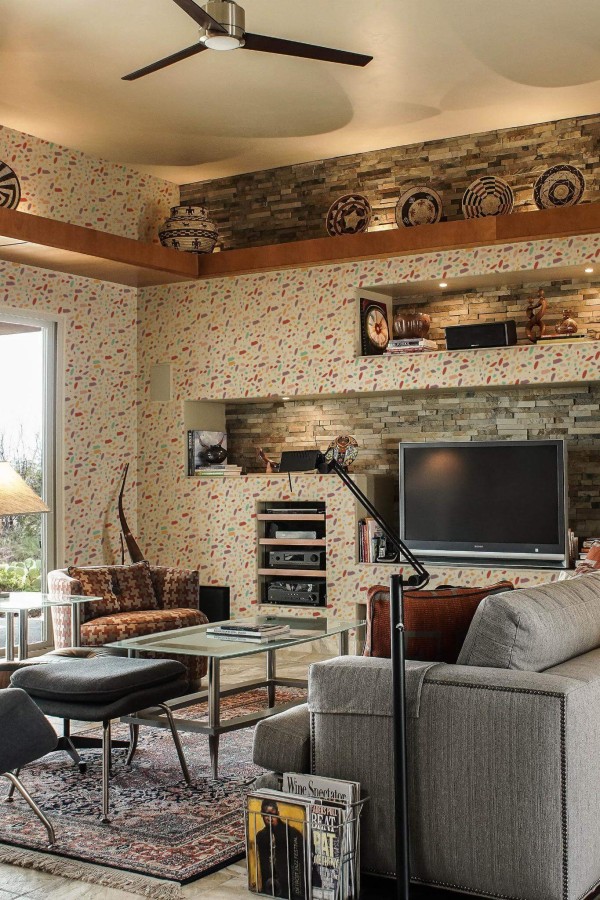 Scandinavian style living room decorated with Colorful Terrazzo peel and stick wallpaper and Mediterranean accents