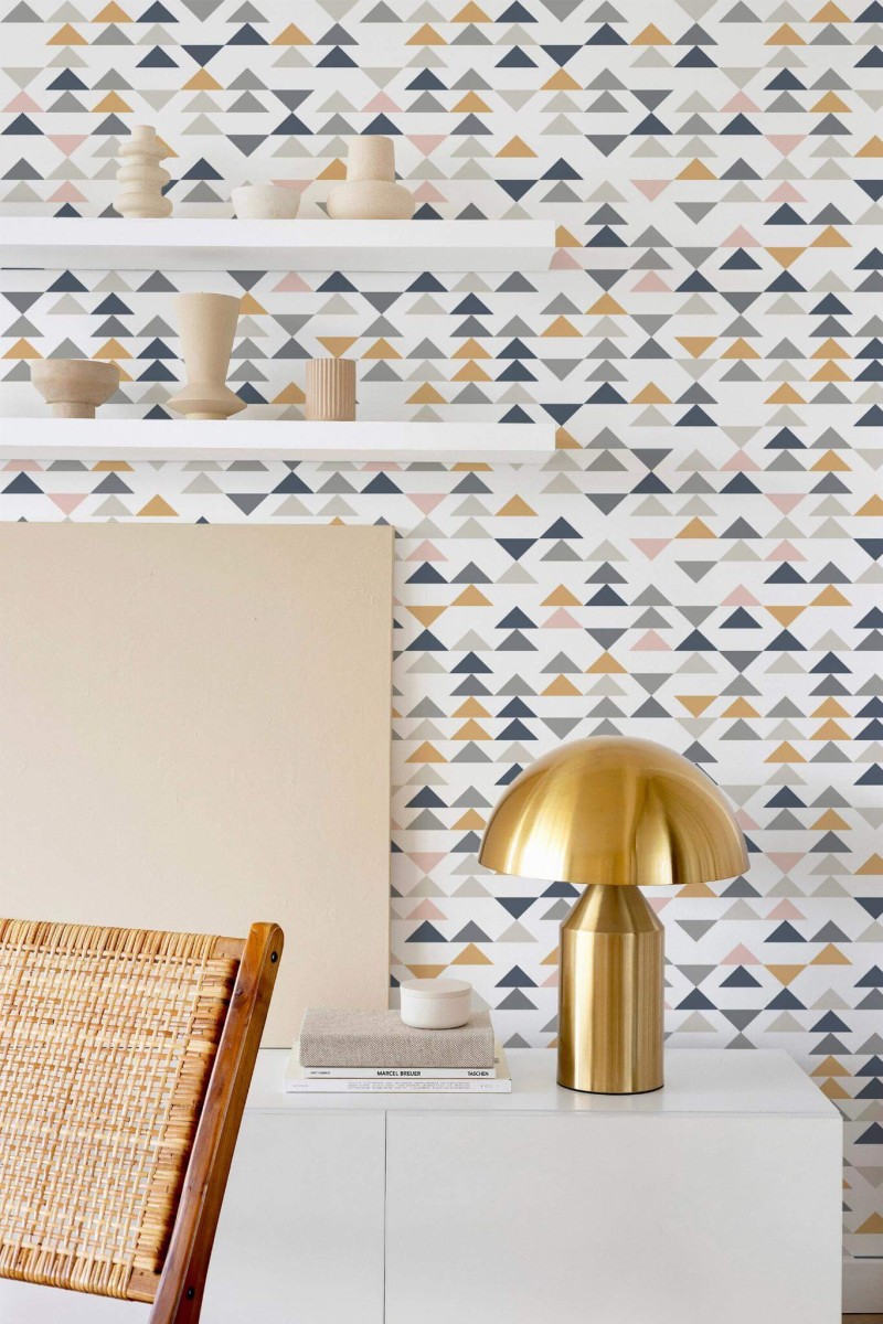 Modern style dining room decorated with Colorful triangles peel and stick wallpaper