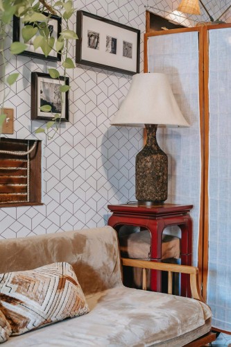 Southwestern style living room decorated with Contemporary Geometric peel and stick wallpaper