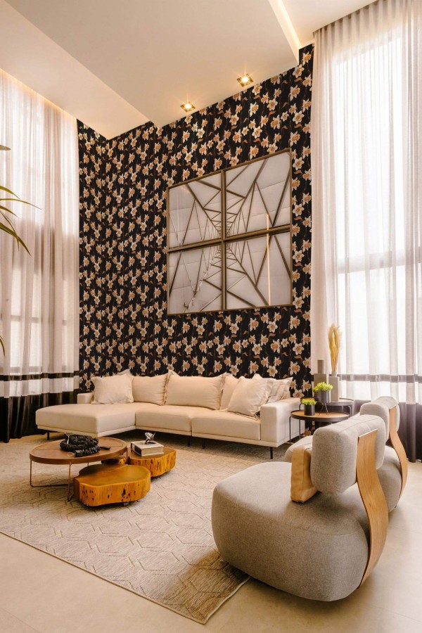 Contemporary style living room decorated with Daffodils peel and stick wallpaper