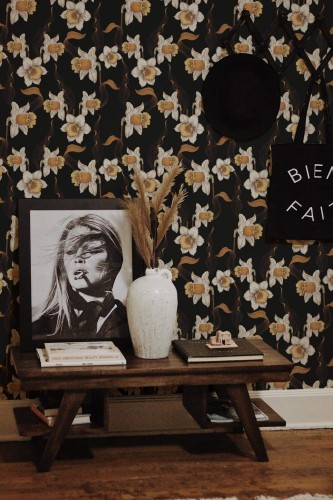 Rustic farmhouse style entryway decorated with Daffodils peel and stick wallpaper