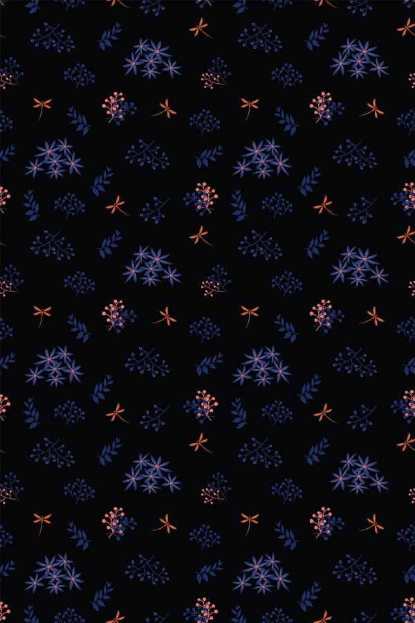 Pattern repeat of Dark blue floral removable wallpaper design