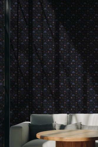 Scandinavian style living room decorated with Dark blue floral peel and stick wallpaper