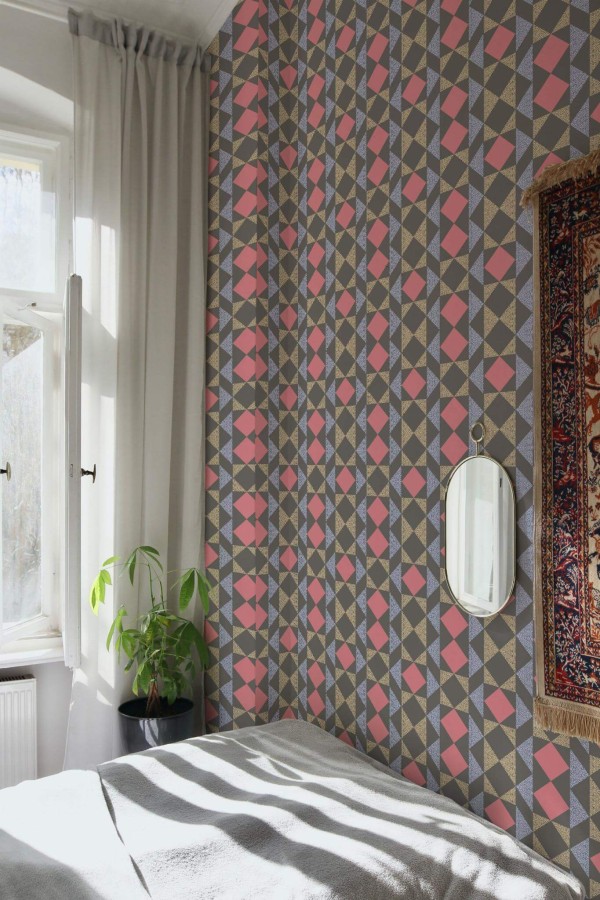 Bohemian style bedroom decorated with Dark colorful geometric peel and stick wallpaper