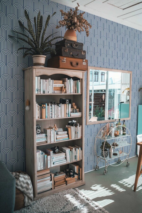 Chic blue and white self-adhesive wallpaper in art deco arch pattern by Fancy Walls