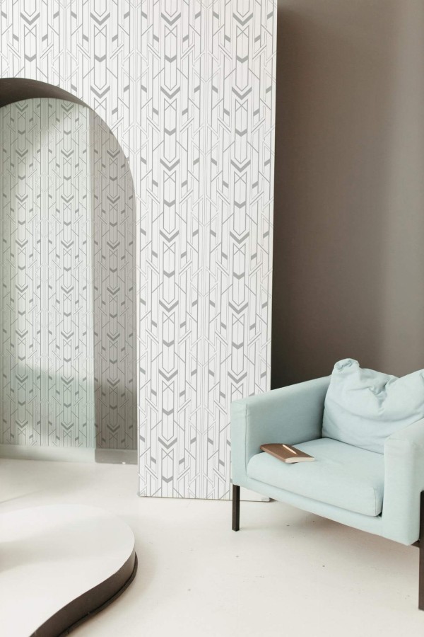 Mondern boho style living room decorated with Delicate Art deco peel and stick wallpaper