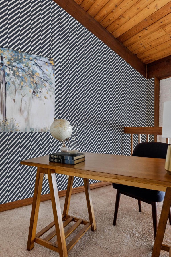 Farmhouse rustic style home office decorated with Diagonal broken lines peel and stick wallpaper