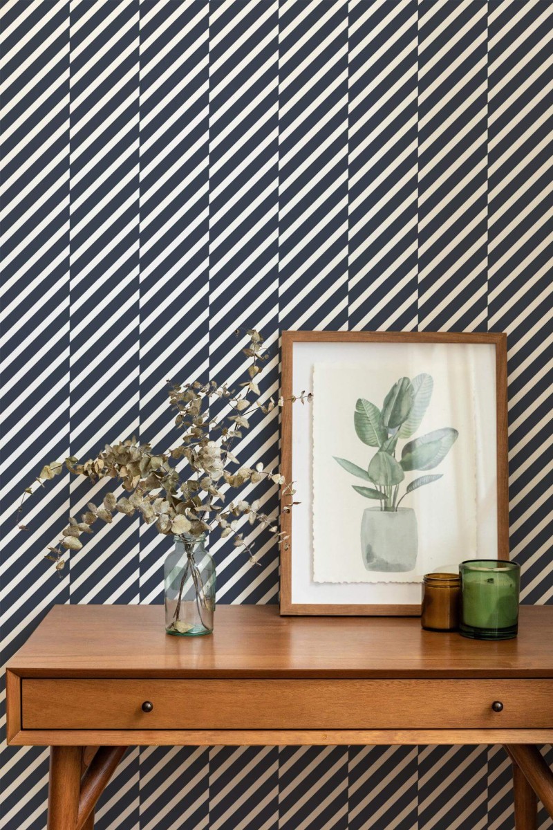 Mid-century modern style living room decorated with Diagonal broken lines peel and stick wallpaper