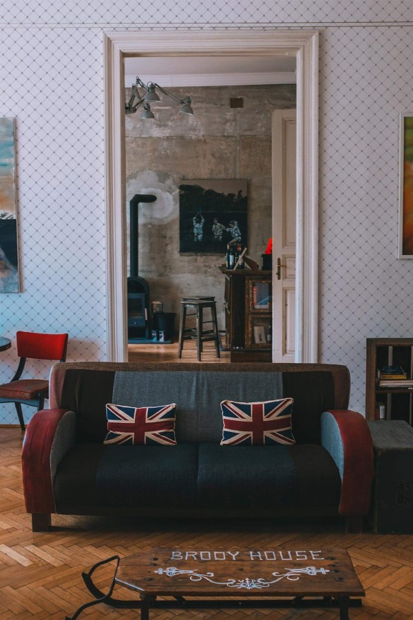 Industrial rustic style living dining room decorated with Diagonal grid and dots peel and stick wallpaper