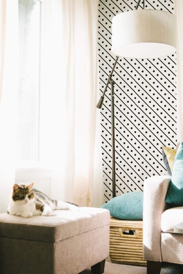 Coastal style living room decorated with Diagonal lines and dots peel and stick wallpaper