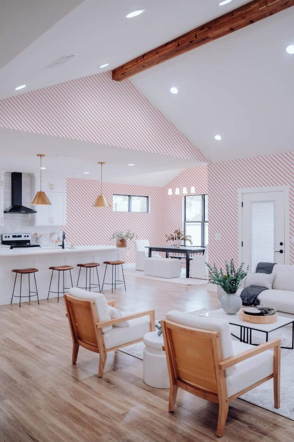 Contemporary style living room and kitchendecorated with Diagonal lines peel and stick wallpaper