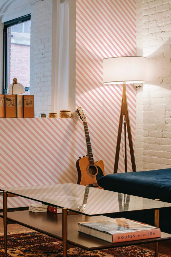 Eclectic style music room decorated with Diagonal lines peel and stick wallpaper