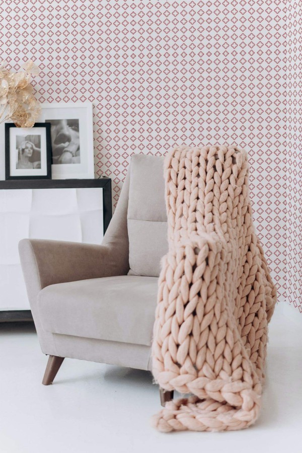 Boho style living room decorated with Diamond peel and stick wallpaper