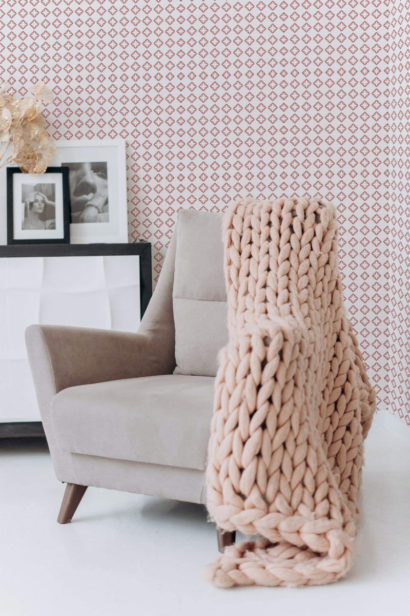 Boho style living room decorated with Diamond peel and stick wallpaper