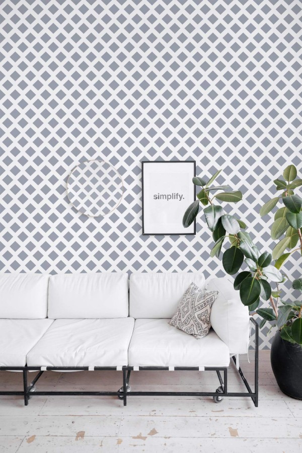 Minimal industrial style living room decorated with Diamond Shaped peel and stick wallpaper
