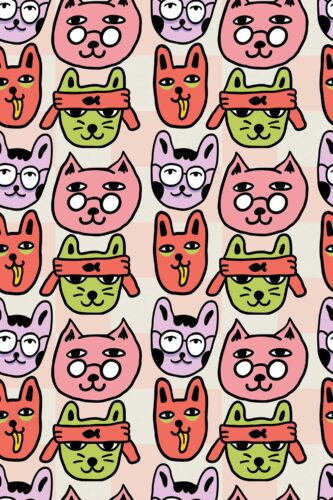 Peel and stick wallpaper in pink with cartoon cats by Fancy Walls