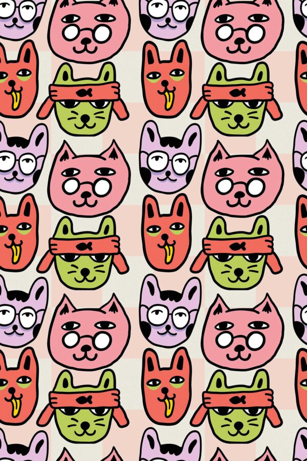 Peel and stick wallpaper in pink with cartoon cats by Fancy Walls