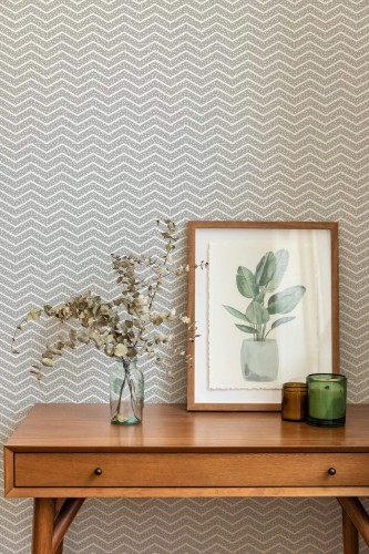 Mid-century modern style living room decorated with Dotted chevron peel and stick wallpaper
