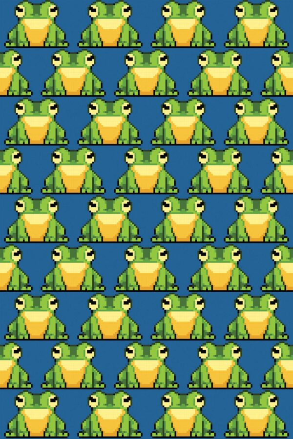 Fancy Walls removable wallpaper with pixel art frogs on dark blue