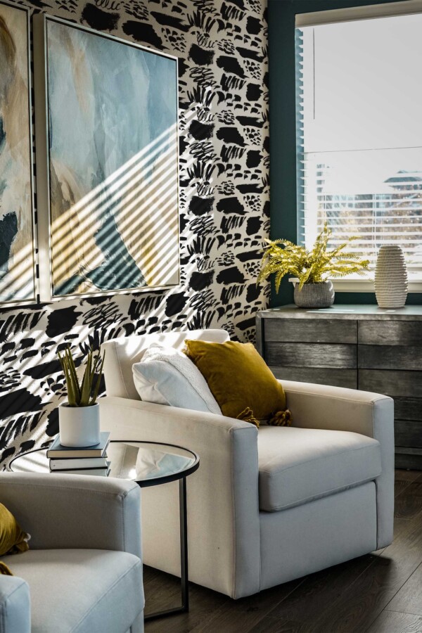 Abstract self-adhesive wallpaper in black and white brush strokes by Fancy Walls