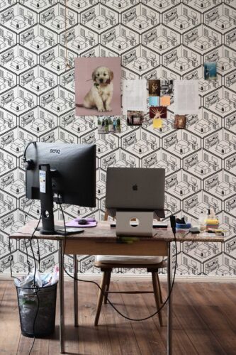 Traditional wallpaper with quirky isometric interior design from Fancy Walls