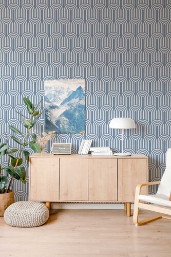 Fancy Walls peel and stick wallpaper with elegant blue art deco arches