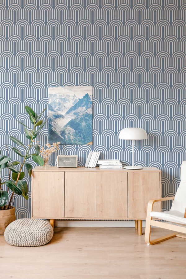 Fancy Walls peel and stick wallpaper with elegant blue art deco arches
