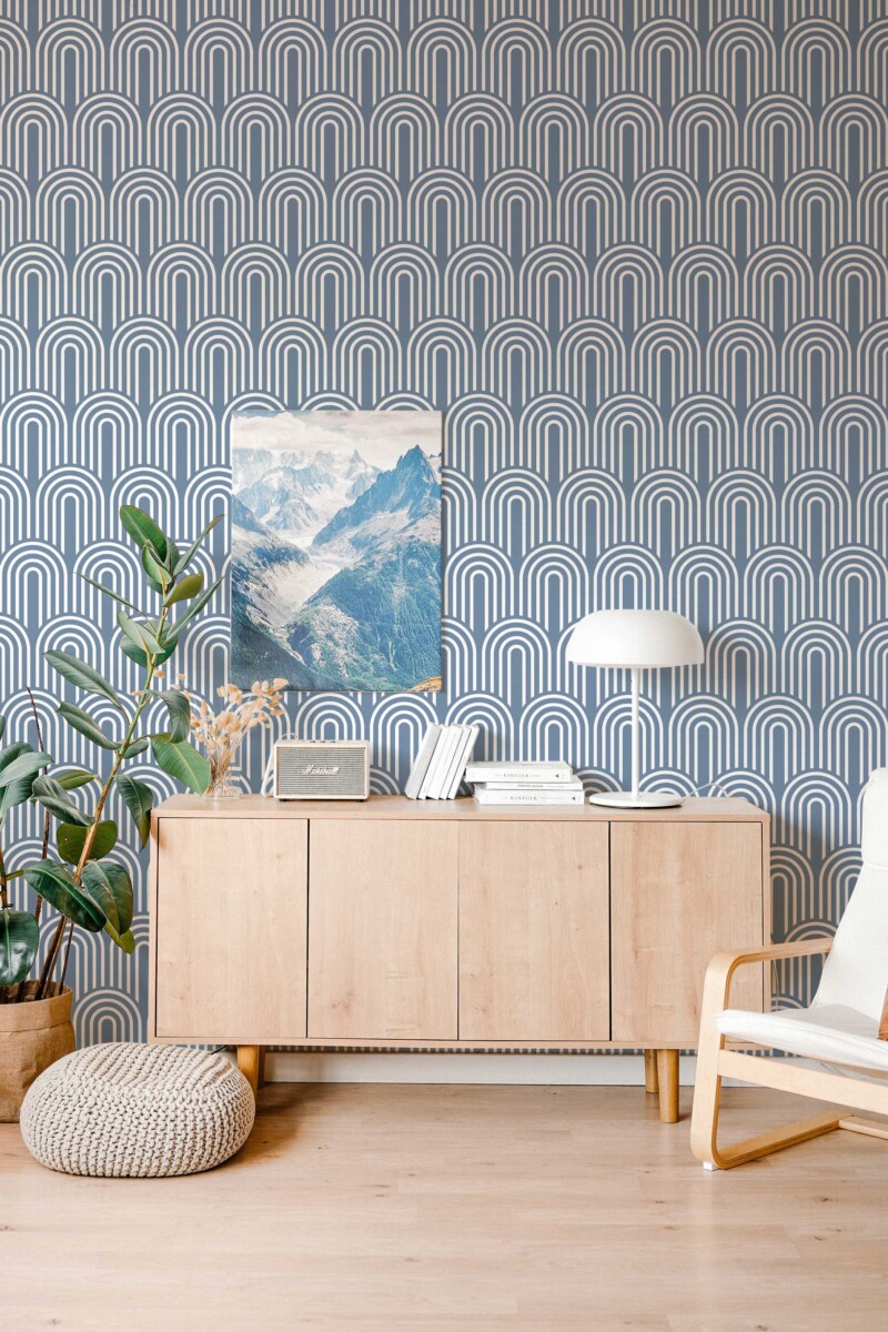 Fancy Walls peel and stick wallpaper with elegant blue art deco arches