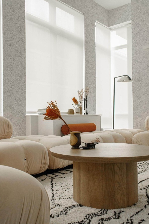 Contemporary style living room decorated with Elegant Peonies peel and stick wallpaper