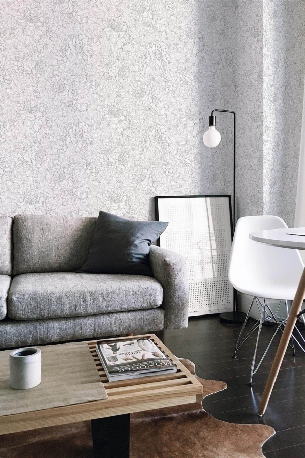 Industrial scandinavian style living room decorated with Elegant Peonies peel and stick wallpaper